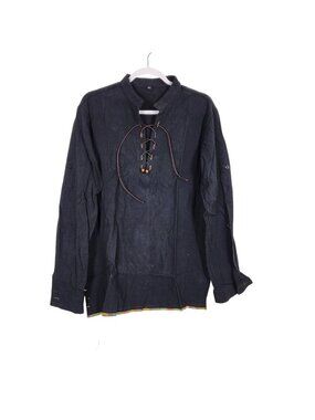 Black Long-Sleeve Lace-Up Mens Shirt  Colorful Hem Trim Size M Casual Boho